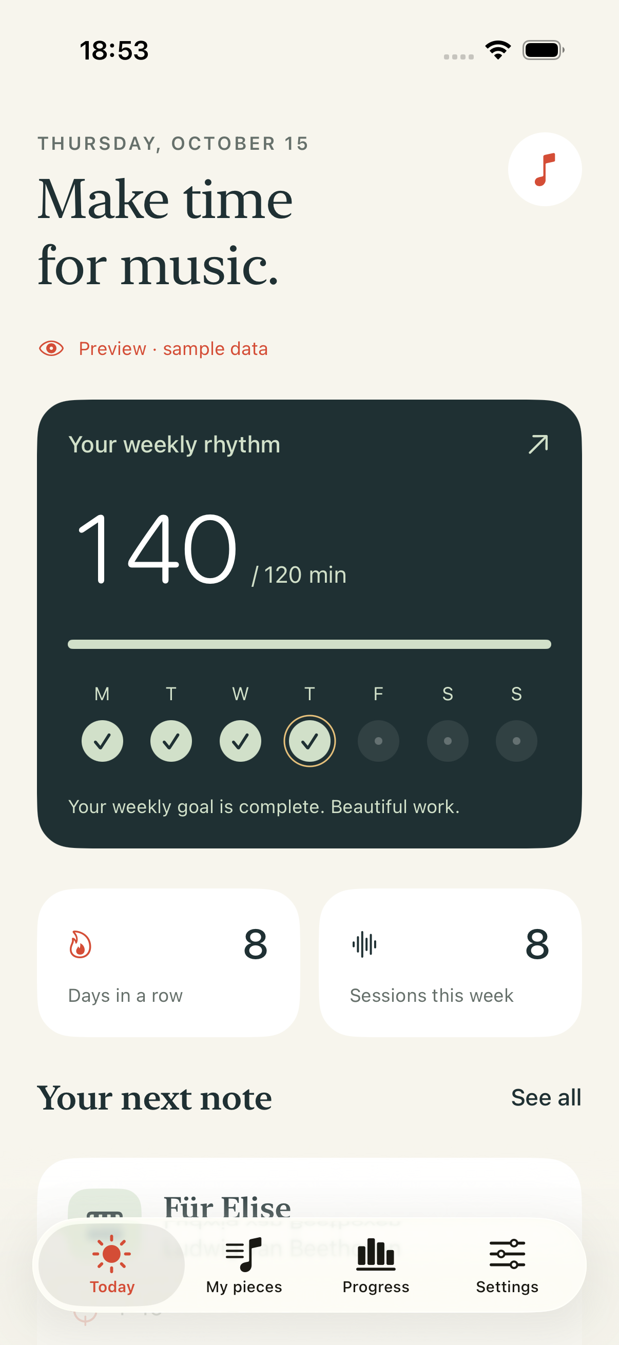 Melunote’s Today screen showing a weekly practice goal, daily streak, and pieces to practice.